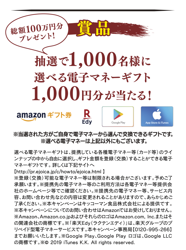 賞品
総額100万円分プレゼント！ 
抽選で1,000名様に選べる電子マネーギフト1,000円分が当たる！