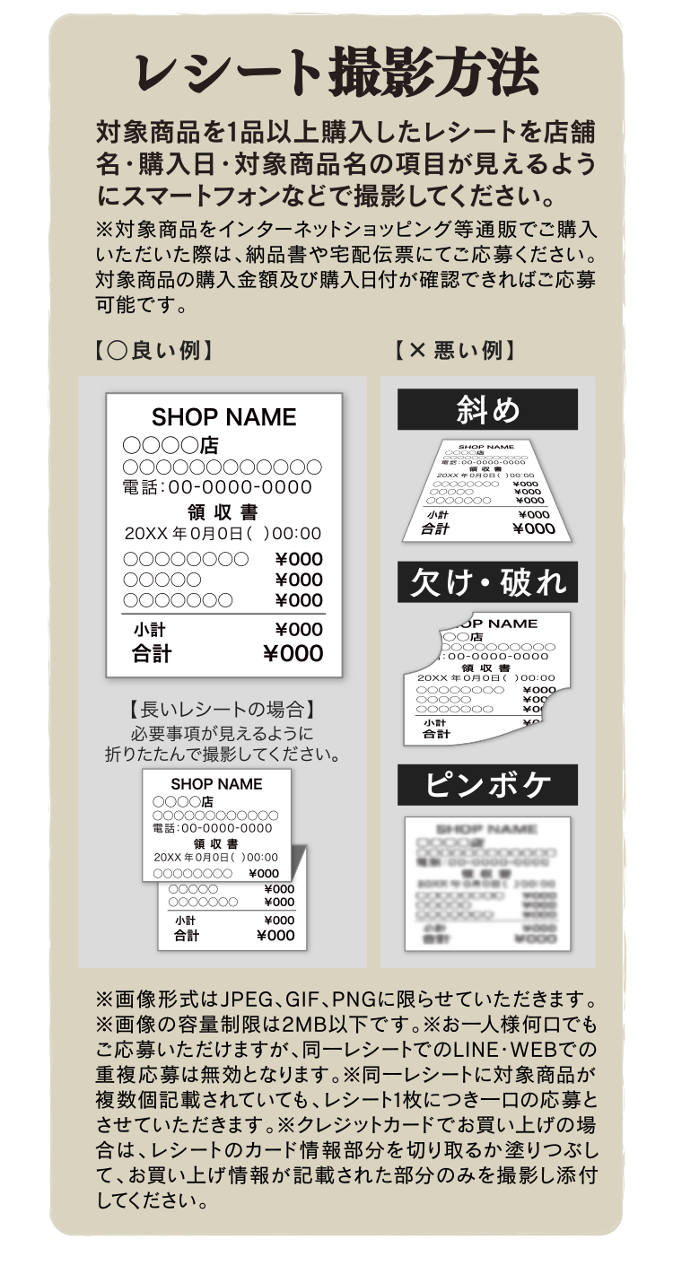 レシート撮影方法:対象商品を1品以上購入したレシートを店舗名・購入日・対象商品名の項目が見えるようにスマートフォンなどで撮影してください。
